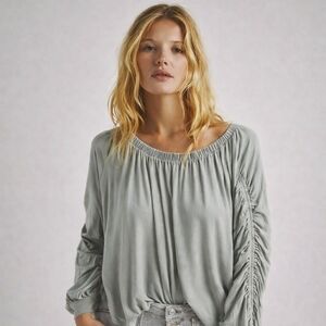 Free People Serenade Tee Sage Boho Ruched Sleeve Peasant Lagenlook Top Sz Small